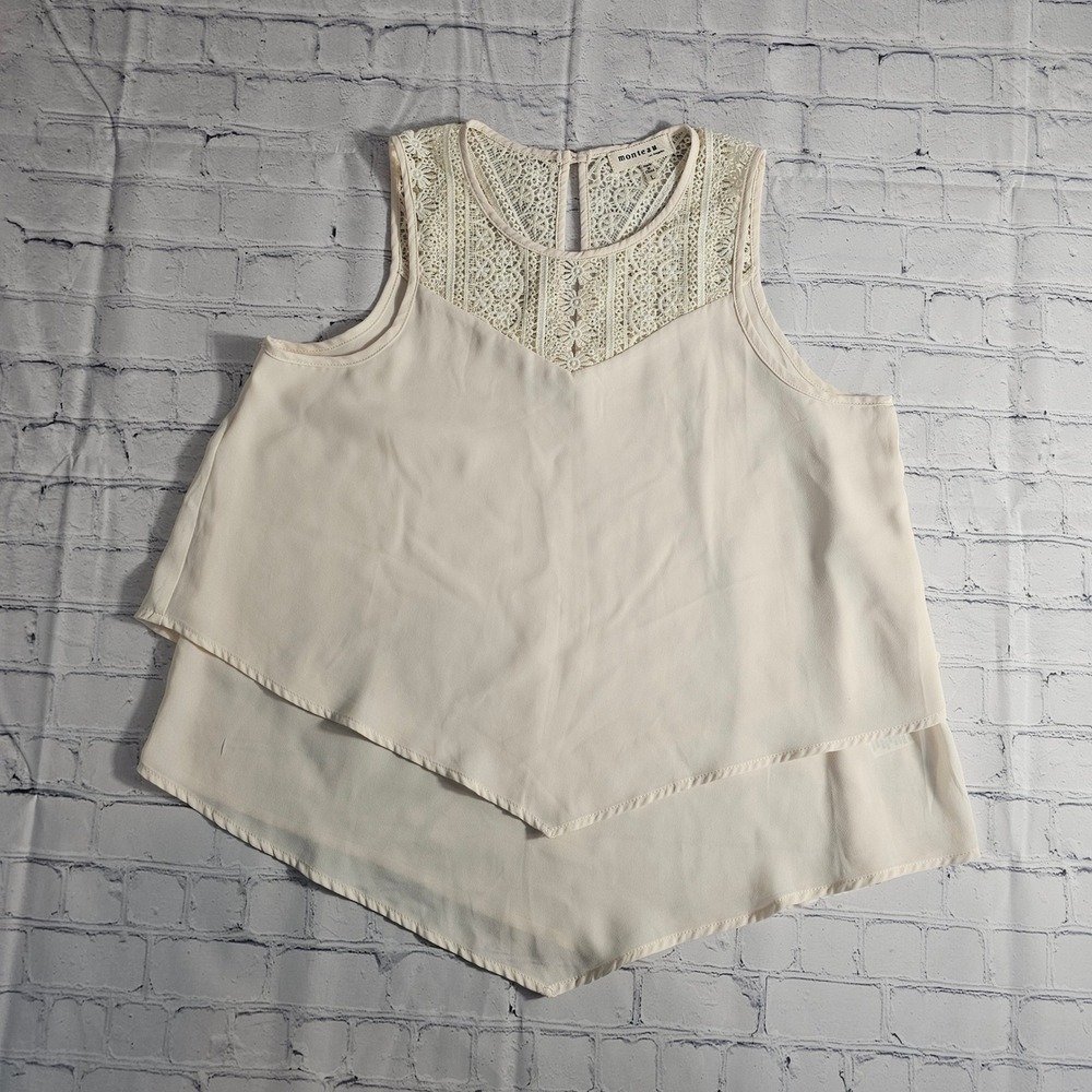Monteau Los Angeles Cream Lace‎ Yoke Handkerchief Hem Sleeveless Blouse L 26246